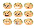 Hand Drawn Cartoon Illustration Tacos Emoji. Fast Food Vector Drawing Emoticon. Tasty Image Meal. Flat Style Collection Mexican