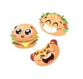 Hand Drawn Cartoon Illustration Tacos, Hot Dog, Burger Emoji. Fast Food Vector Drawing Emoticon. Tasty Image Meal. Flat Style