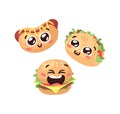 Hand Drawn Cartoon Illustration Tacos, Hot Dog, Burger Emoji. Fast Food Vector Drawing Emoticon. Tasty Image Meal. Flat Style