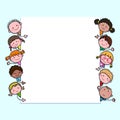 Hand-drawn cartoon kids looking at blank sign with copy space. Background with cute cartoon children