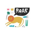 Hand drawn cartoon lion character and Roar lettering word in speech bubble