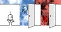 Cartoon man front of two big opened doors : Heaven and Hell Royalty Free Stock Photo
