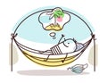 Cartoon Man in a Hammock, Contained at home, dreaming of an exotic island Royalty Free Stock Photo