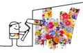 Cartoon man painting a wall with fresh colorful flowers