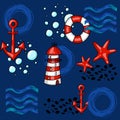 Hand drawn cartoon Marine seamless pattern with anchors lifebuoys lighthouse and starfish