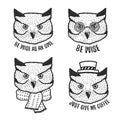 Hand drawn cartoon owl head prints set. Vector vintage illustration. Royalty Free Stock Photo