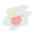 Hand drawn cartoon Piggy bank with coin and leaves, herbs. Vector Icon saving or accumulation of money, investment. Concept of Royalty Free Stock Photo