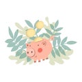 Hand drawn cartoon Piggy bank with coin and leaves, herbs. Vector Icon saving or accumulation of money, investment. Concept of Royalty Free Stock Photo