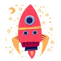 Hand drawn cartoon rocket. Childish doodle space icon with moon and stars.