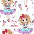 Cartoon seamless pattern with hand drawn cute little princess girls. Vector illustration. Royalty Free Stock Photo