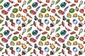 Hand drawn cartoon seamless pattern of food and kitchen stuff. Royalty Free Stock Photo