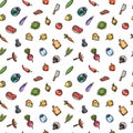 Hand drawn cartoon seamless pattern of food and kitchen stuff. Royalty Free Stock Photo