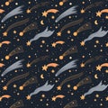 Hand drawn cartoon seamless pattern - space and stars. Watercolor comets. Background of Solar system with magical motifs and