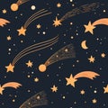 Hand drawn cartoon seamless pattern - space and stars. Watercolor comets. Background of Solar system with magical motifs and