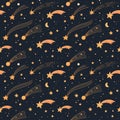 Hand drawn cartoon seamless pattern - space and stars. Watercolor comets. Background of Solar system with magical motifs and