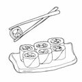 Hand drawn cartoon style doodle Sushi rolls icon. Colorful Japanese traditional cuisine dishes nigiri, temaki Vector illustration Royalty Free Stock Photo