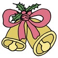 Hand-drawn cartoon two vector golden bells with a holly branch and a pink bow