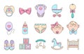 Hand drawn cartoon vector icons set for creating infographics related to children and babies , like pacifier, romper suit, baby bu Royalty Free Stock Photo