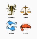 Cute Zodiac Scorpio, Libra, Pisces, Cancer Cartoon collection Vector Illustration