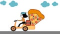 Pizza home delivery girl on scooter with big Pizza mascot cartoon vector