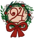 Hand-drawn cartoon vector wreath of mistletoe with the number 24 inside