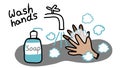 Hand drawn cartoon washing hands with soap and tap water