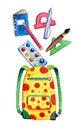 Hand drawn cartoon watercolor illustration with school backpack, paints, rulers and other items