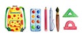 Hand drawn cartoon watercolor set of different school items - backpack, paints, rulers