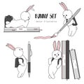 Hand drawn cartoon white bunny with backpack in school. Set of vector bunnies. Cute scketch character design. Rabbit schoolboy . D Royalty Free Stock Photo