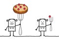 Cartoon woman with a big pie on a fork, next to another one with just a small cherry