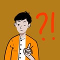 hand drawn cartoon young boy with expression asking or confused about something with hand icon and symbol pointing question mark Royalty Free Stock Photo