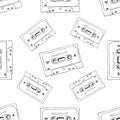 Hand drawn cassette and mixtape seamless pattern, black and white cartoon doodle background for music technology or