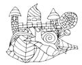 Hand-drawn castle, snail on leaves and candy caramel. Coloring book, vector