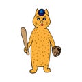 Hand-drawn cat baseball player. Color illustration