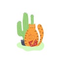 Hand drawn cat with big jar of strawberry jam and cactus.
