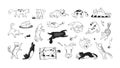 Hand drawn cats. Funny and cute pets, doodle black different kittens and cats sitting lying and playing. Vector ink