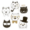 Hand drawn cats heads collection. Emotional faces cats hipsters and gentlemens. Vector illustration