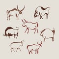 Hand drawn cave animals bulls. The symbol of the Chinese New Year. Collection. Vector