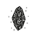 Hand drawn celestial crystal with leafy branches, stars and dots.