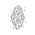 Hand drawn celestial crystal with leafy branches, stars and dots.