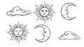 Hand drawn celestial elements. Sun, crescent moon with face and clouds. Royalty Free Stock Photo