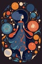 Hand drawn celestial illustrations depicting magical drawings. Woman in the middle of it. Royalty Free Stock Photo