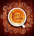 Hand-drawn chalk-drawn vector doodles on a coffee theme: cups, Royalty Free Stock Photo