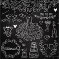 Hand Drawn Chalkboard Wedding Vector Set with Dress, Tuxedo