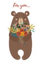 Hand drawn character cute bear with bouquet of flowers for decoration design, cards or posters. Childish vector Royalty Free Stock Photo