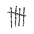 Hand drawn charcoal tally mark. Four black sticks crossed out by slash line. Day counting symbol on jail wall. Unary