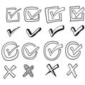 Hand drawn check signs. Doodle v mark for list items, checkbox chalk icons and sketch checkmarks