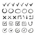 Hand drawn check signs. Doodle v mark for list items, checkbox chalk icons and sketch checkmarks. Vector checklist marks Royalty Free Stock Photo