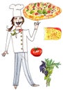 Hand drawn chef, pizza and pizza ingredients