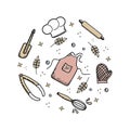Hand-drawn chef's tools and clothes in doodle style. Vector elements arranged in a circle. Wheat. Cook's cap, apron and